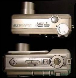 Sanyo's DSC-MZ2 (bottom) and DSC-MZ3 (top) digital camera. Courtesy of Sanyo Electric Co. Ltd. with modifications by Michael R. Tomkins.