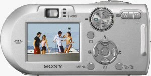 Sony's Cyber-shot DSC-P150 digital camera. Courtesy of Sony, with modifications by Michael R. Tomkins. Click for a bigger picture!