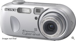 Sony's Cyber-shot DSC-P73 digital camera. Courtesy of Sony, with modifications by Michael R. Tomkins. Click for a bigger picture!