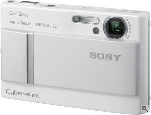 Sony's Cyber-shot DSC-T10 digital camera. Courtesy of Sony, with modifications by Michael R. Tomkins. Click for a bigger picture!