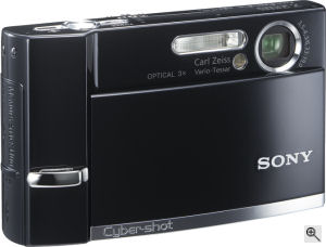 Sony's Cyber-shot DSC-T30 digital camera. Courtesy of Sony, with modifications by Michael R. Tomkins. Click for a bigger picture!