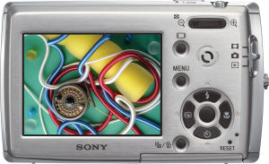 Sony's Cyber-shot DSC-T33 digital camera. Courtesy of Sony, with modifications by Michael R. Tomkins. Click for a bigger picture!