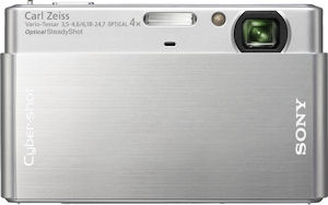 Sony's Cyber-shot DSC-T77 digital camera. Courtesy of Sony, wih modifications by Michael R. Tomkins. Click for a bigger picture!