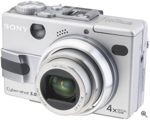 Sony's Cyber-shot DSC-V1 digital camera. Courtesy of Sony, with modifications by Michael R. Tomkins. Click for a bigger picture!