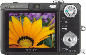 Sony's Cyber-shot DSC-W50 digital camera. Courtesy of Sony, with modifications by Michael R. Tomkins. Click for a bigger picture!