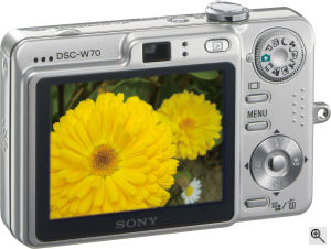 Sony's Cyber-shot DSC-W70 digital camera. Courtesy of Sony, with modifications by Michael R. Tomkins. Click for a bigger picture!