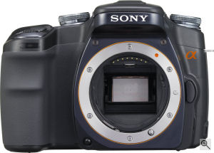 Sony's Alpha DSLR-A100 digital SLR. Courtesy of Sony, with modifications by Michael R. Tomkins. Click for a bigger picture!