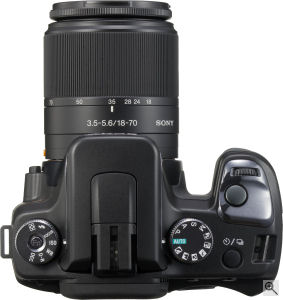 Sony's Alpha DSLR-A100 digital SLR. Courtesy of Sony, with modifications by Michael R. Tomkins. Click for a bigger picture!