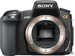 Sony's Alpha DSLR-A300 digital SLR. Courtesy of Sony, with modifications by Michael R. Tomkins. Click for a bigger picture!
