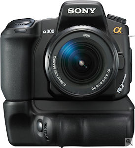 Sony's Alpha DSLR-A300 digital SLR. Courtesy of Sony, with modifications by Michael R. Tomkins. Click for a bigger picture!