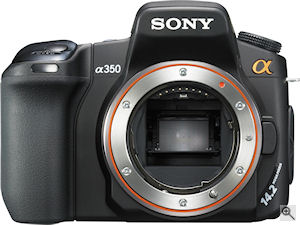 Sony's Alpha DSLR-A350 digital SLR. Courtesy of Sony, with modifications by Michael R. Tomkins. Click for a bigger picture!