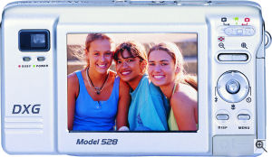DXG's Model 528 digital camera. Courtesy of DXG, with modifications by Michael R. Tomkins. Click for a bigger picture!