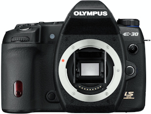 Olympus' E-30 digital SLR. Courtesy of Olympus, with modifications by Michael R. Tomkins. Click for a bigger picture!
