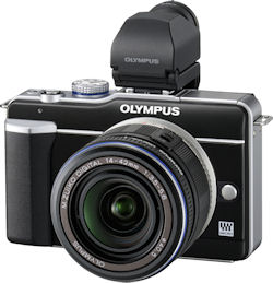 Olympus' PEN E-PL1 digital camera, shown with optional electronic viewfinder accessory. Photo provided by Olympus Europa Holding GmbH. Click for a bigger picture!