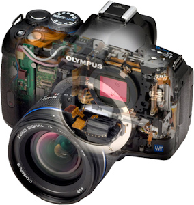 Olympus' E-620 digital SLR, cutaway view. Photo provided by Olympus Imaging America Inc. Click for a bigger picture!