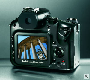 Kodak's EasyShare P880 Zoom digital camera. Courtesy of Kodak, with modifications by Michael R. Tomkins. Click for a bigger picture!