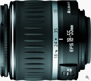 Canon's EF-S 18-55mm f/3.5-5.6 zoom lens. Courtesy of Canon, with modifications by Michael R. Tomkins. Click for a bigger picture!