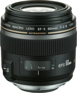 Canon's EF-S 60mm f/2.8 Macro USM lens. Courtesy of Canon, with modifications by Michael R. Tomkins. Click for a bigger picture!