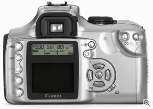 Canon's EOS 300D digital SLR. Courtesy of Canon, with modifications by Michael R. Tomkins. Click for a bigger picture!