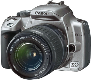 Canon's EOS 350D digital SLR. Courtesy of Canon, with modifications by Michael R. Tomkins. Click for a bigger picture!