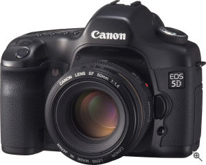 Canon's EOS 5D digital SLR. Courtesy of Canon, with modifications by Michael R. Tomkins. Click for a bigger picture!