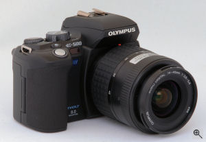 Olympus' EVOLT E-500 digital SLR. Copyright (c) 2005, The Imaging Resource. All rights reserved. Click for a bigger picture!