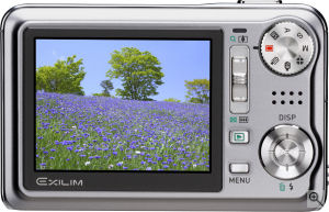 Casio's EXILIM Hi-Zoom EX-V8 digital camera. Courtesy of Casio, with modifications by Michael R. Tomkins. Click for a bigger picture!