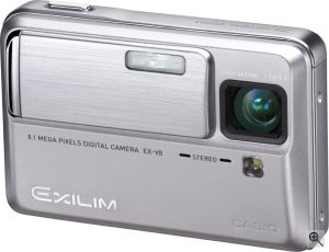Casio's EXILIM Hi-Zoom EX-V8 digital camera. Courtesy of Casio, with modifications by Michael R. Tomkins. Click for a bigger picture!
