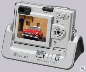 Casio's Exilim Zoom EX-Z3 digital camera. Courtesy of Casio, with modifications by Michael R. Tomkins. Click for a bigger picture!