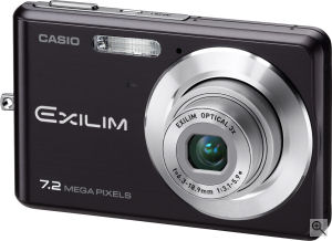 Casio's EXILIM CARD EX-Z77 digital camera. Courtesy of Casio, with modifications by Michael R. Tomkins. Click for a bigger picture!