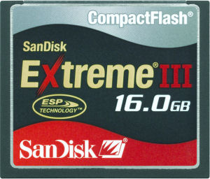 SanDisk's Extreme III 16GB CompactFlash card. Courtesy of SanDisk, with modifications by Michael R. Tomkins. Click for a bigger picture!