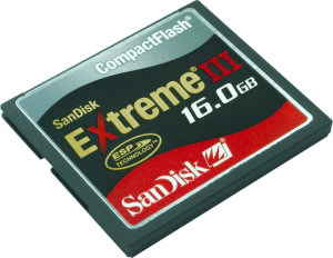 SanDisk's Extreme III 16GB CompactFlash card. Courtesy of SanDisk, with modifications by Michael R. Tomkins. Click for a bigger picture!