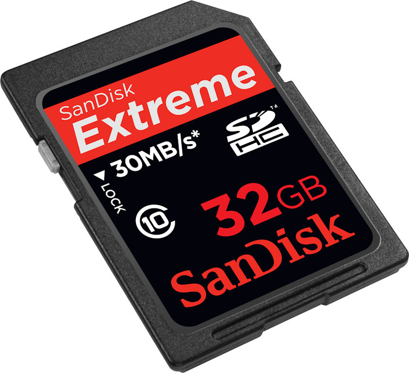 SanDisk Extreme 32GB Class 10 SDHC card. Photo provided by SanDisk Corp.