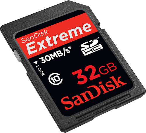 SanDisk Extreme 32GB Class 10 SDHC card. Photo provided by SanDisk Corp. Click for a bigger picture!