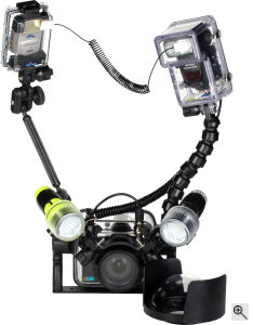 Fantasea Line's F350D waterproof camera housing and related accessories. Courtesy of Fantasea Line, with modifications by Michael R. Tomkins. Click for a bigger picture!