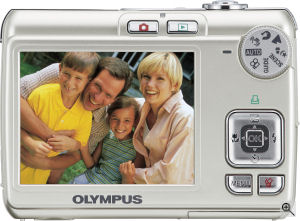 Olympus' FE-270 digital camera. Courtesy of Olympus, with modifications by Michael R. Tomkins. Click for a bigger picture!