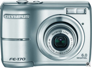 Olympus' FE-170 digital camera. Courtesy of Olympus, with modifications by Michael R. Tomkins. Click for a bigger picture!