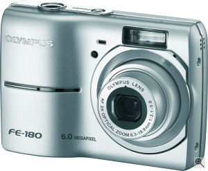 Olympus' FE-180 digital camera. Courtesy of Olympus, with modifications by Michael R. Tomkins. Click for a bigger picture!