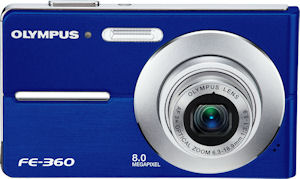 Olympus' FE-360 digital camera. Courtesy of Olympus, with modifications by Michael R. Tomkins. Click for a bigger picture!
