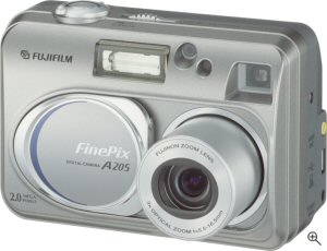 Fuji's FinePix A205 digital camera. Courtesy of Fuji, with modifications by Michael R. Tomkins. Click for a bigger picture!