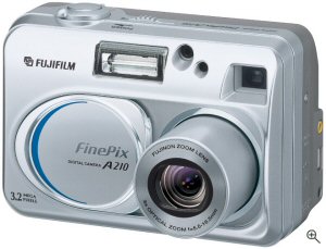 Fujifilm's FinePix A210 Zoom digital camera. Courtesy of Fuji, with modifications by Michael R. Tomkins. Click for a bigger picture!