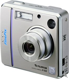 Fujifilm's FinePix F420 Zoom digital camera. Courtesy of Fujifilm Japan, with modifications by Michael R. Tomkins. Click for a bigger picture!