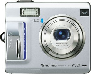 Fujifilm's FinePix F440 digital camera. Courtesy of Fujifilm, with modifications by Michael R. Tomkins. Click for a bigger picture!