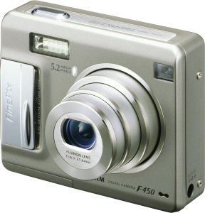 Fujifilm's FinePix F450 digital camera. Courtesy of Fujifilm, with modifications by Michael R. Tomkins. Click for a bigger picture!