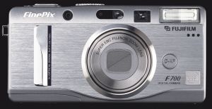 Fuji's FinePix F700 digital camera. Courtesy of Fuji, with modifications by Michael R. Tomkins. Click for a bigger picture!