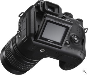Fujifilm's FinePix S9000 digital camera. Courtesy of Fujifilm, with modifications by Michael R. Tomkins. Click for a bigger picture!