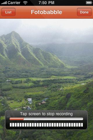 Recording a Fotobabble audio attachment. Screenshot provided by Fotobabble Inc.