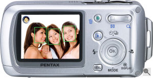 Pentax digital camera featuring FotoNation Face Tracker technology. Courtesy of FotoNation, with modifications by Michael R. Tomkins. Click for a bigger picture!