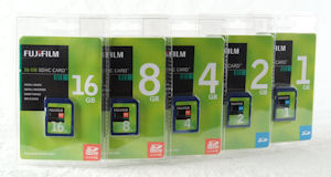 Fujifilm's Secure Digital High Capacity card lineup. Courtesy of Fujifilm, with modifications by Michael R. Tomkins. Click for a bigger picture!