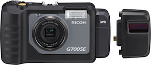 Ricoh's G700SE digital camera, shown with GP-1 GPS unit attached, and BR-1 laser barcode reader adjacent. Photo provided by Ricoh Co. Ltd. Click for a bigger picture!